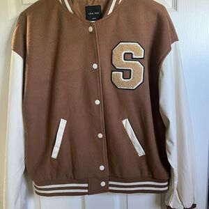 Brown Varsity Jacket with White Sleeves